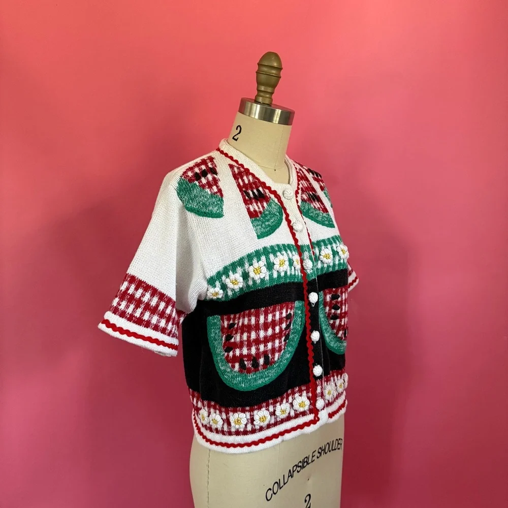 Vintage 80s/90s Watermelon Picnic CottageCore Knitted Short Sleeve Cardigan S - Picture 5 of 11